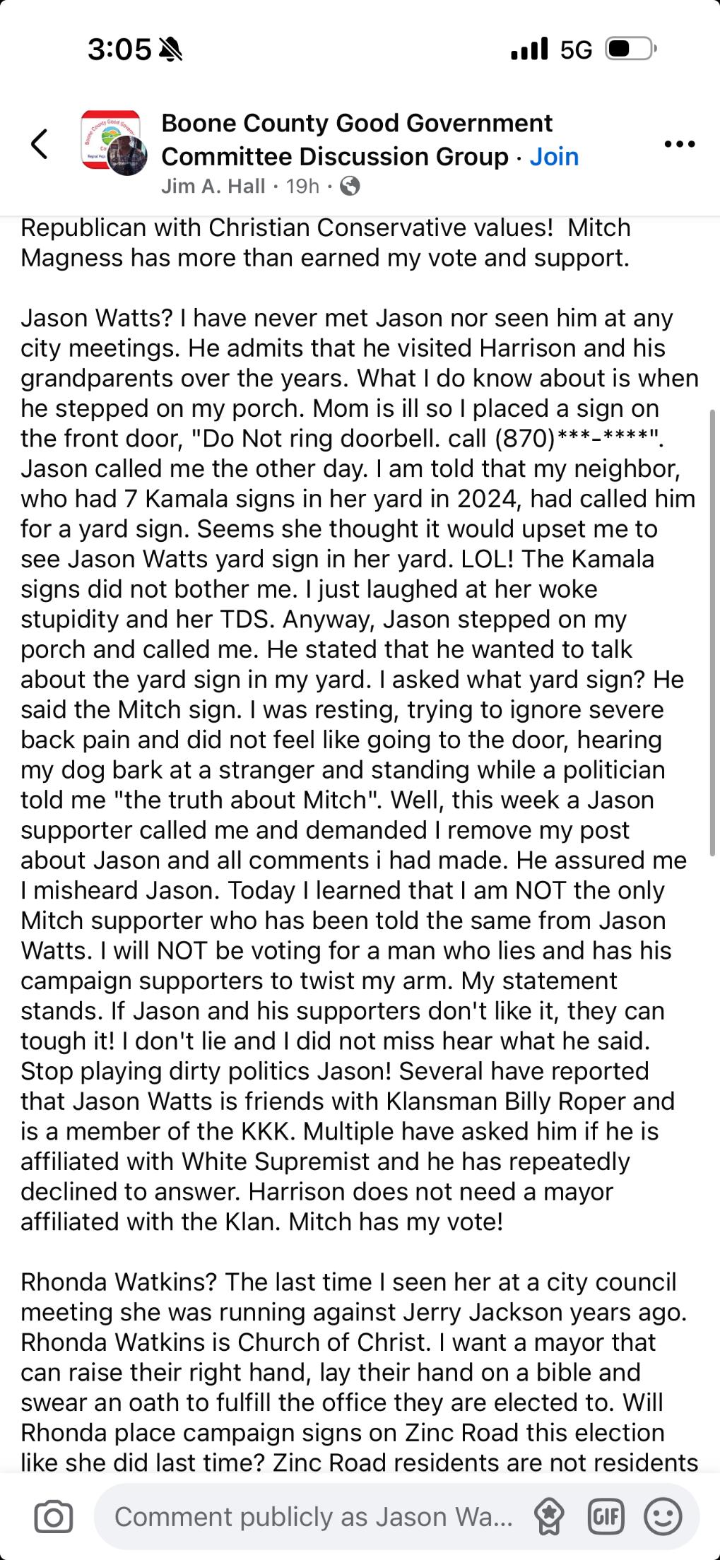 Screenshot of Jim Hall’s Facebook post